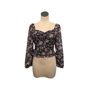 Madewell Blouse Womens Medium Black Floral‎ Long Sleeve Smocked Sheer Top Boho